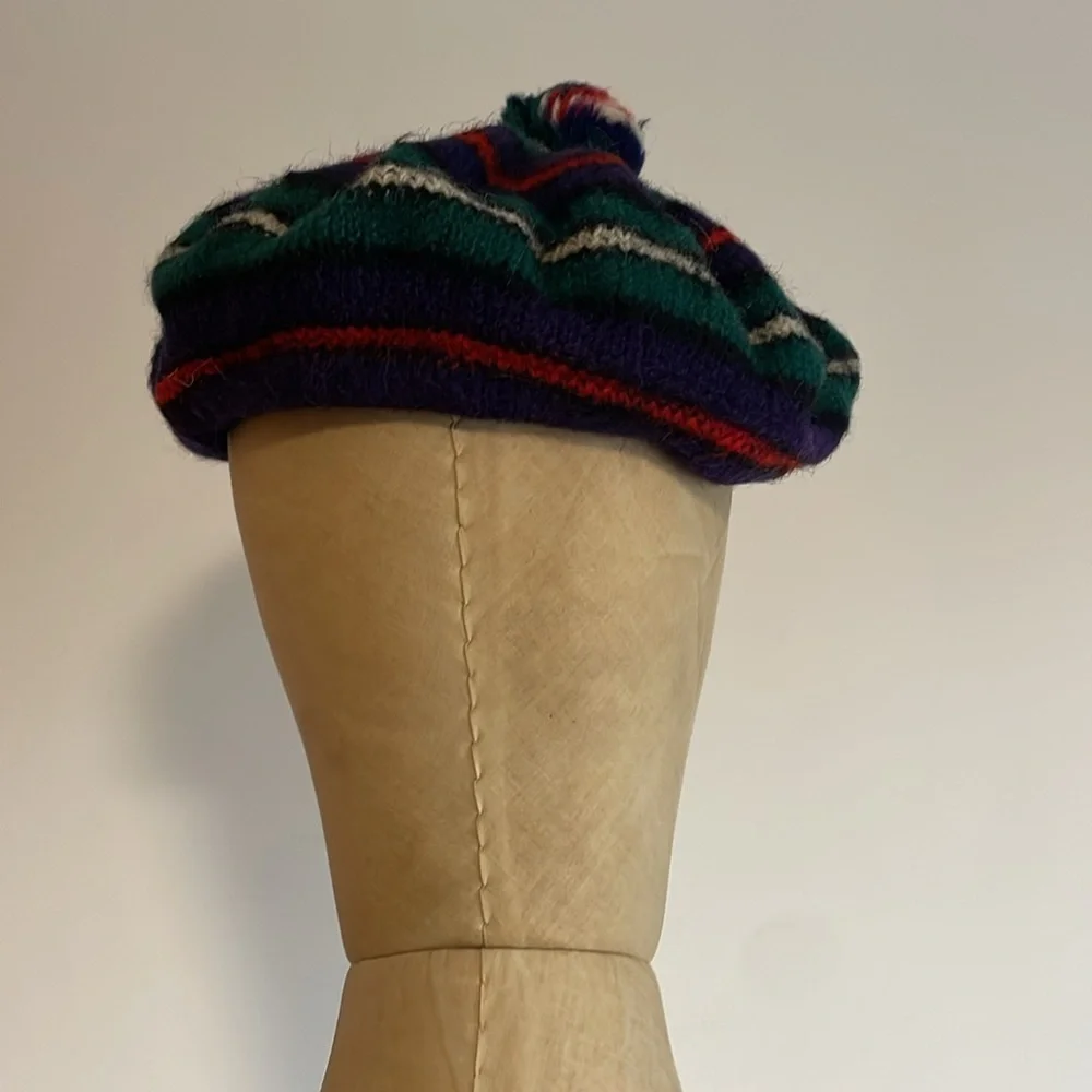 VTG Striped Knit Tam Beret Green Wool Pom Scotland MacKenzie Hat Cap Stripe Navy